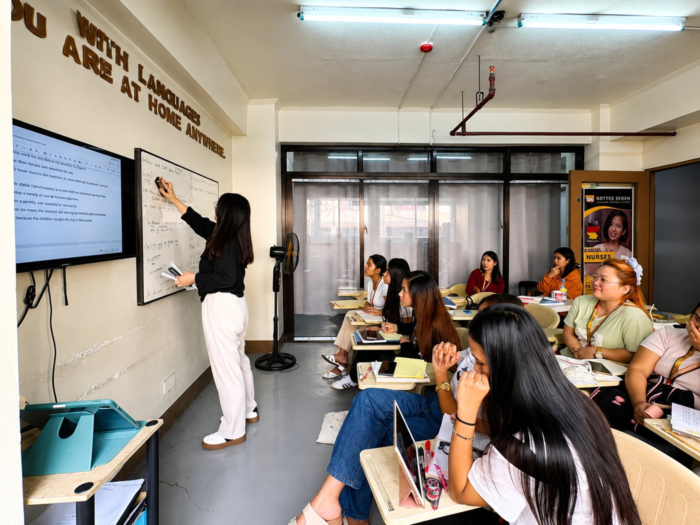 In-person German lessons, classroom with teacher at the whiteboard